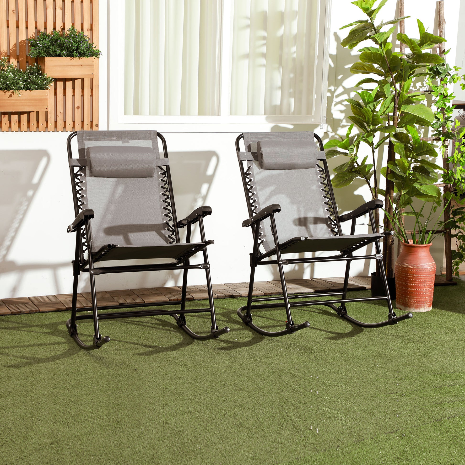 2pc Patio Foldable Rocking Chair Set w/ Breathable Mesh Seat &; Backrest, Headrest for Park, Backyard, Garden, Grey Outdoor Rocking Chairs at Gallery Canada