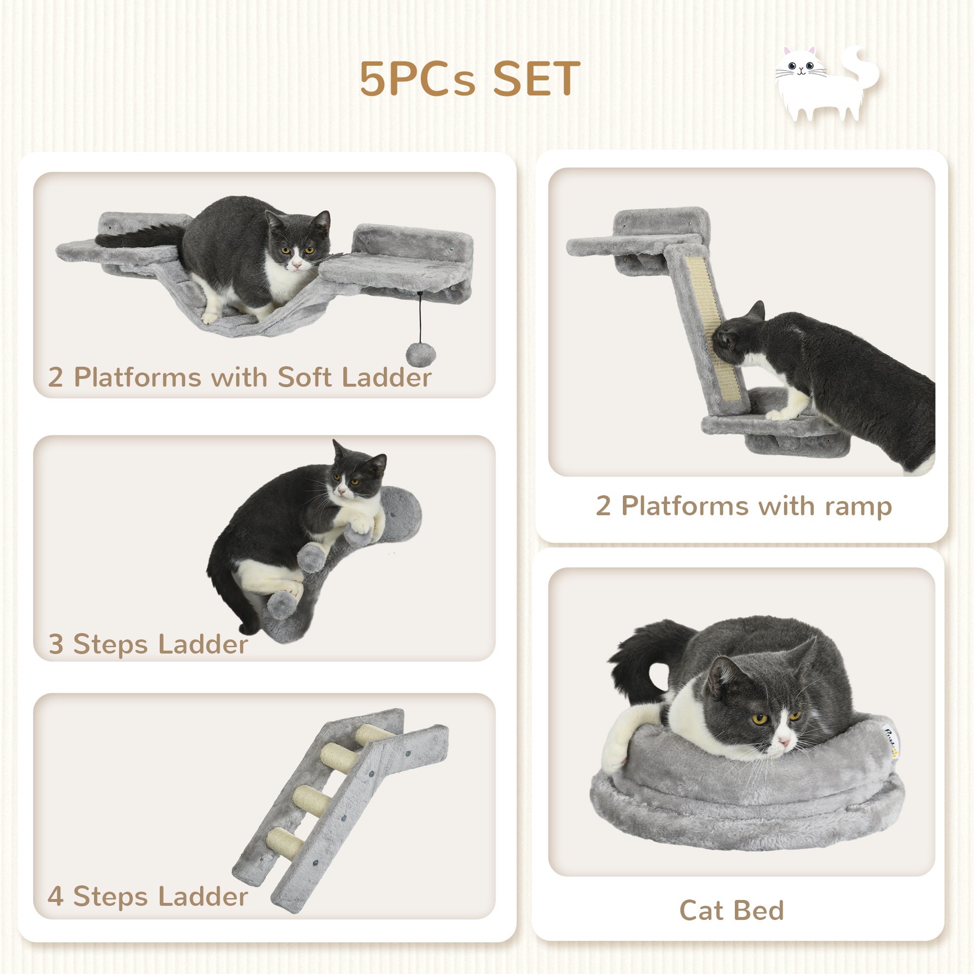 5PCs Cat Wall Shelves with Scratching Post, Ladder, Cat Bed, Jumping Platform, Perches, Toy Ball, Step Cat Climbing Wall   at Gallery Canada