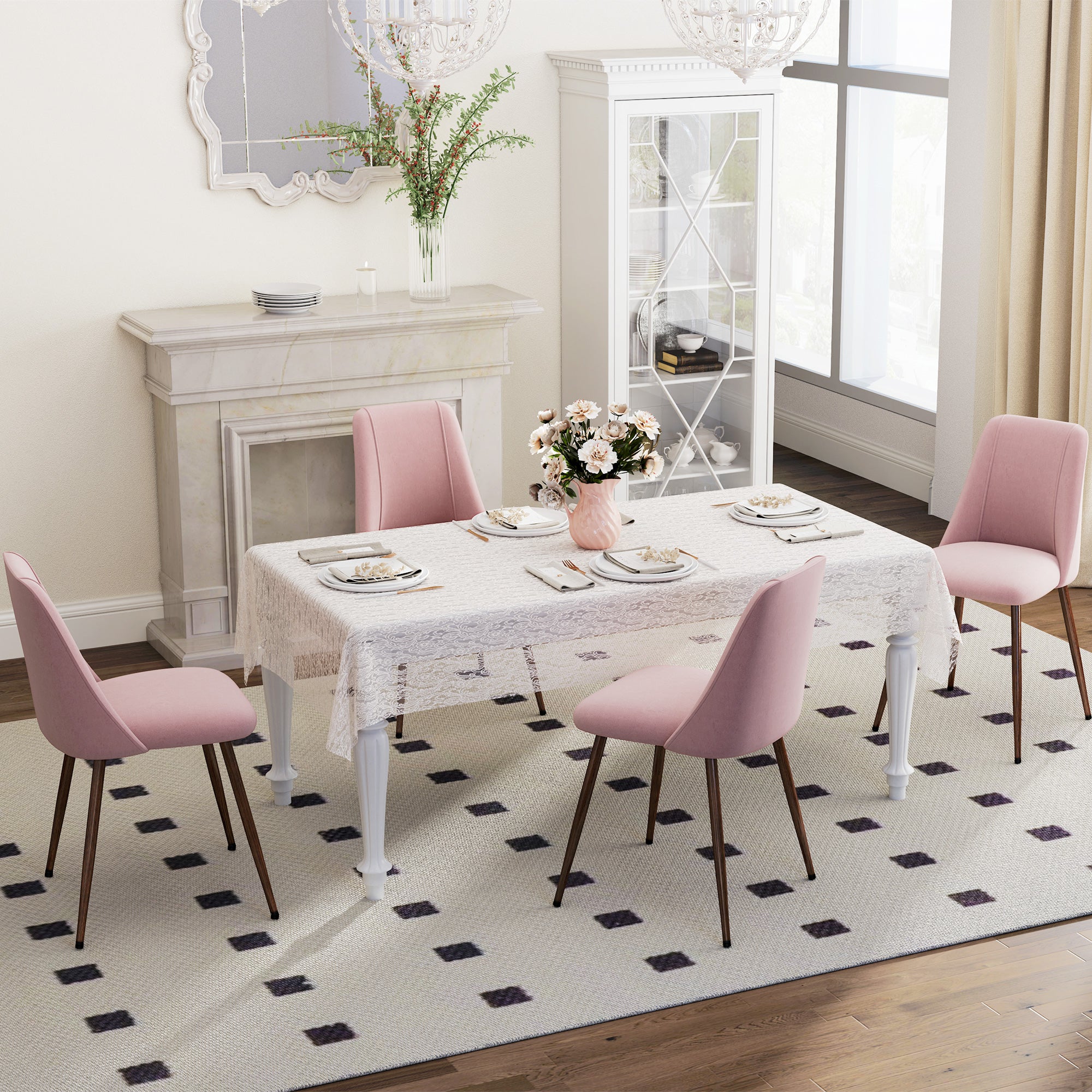 Upholstered Dining Chairs Set of 4, Velvet Accent Chair with Back and Wood-grain Steel Leg for Kitchen, Pink Dining Chairs at Gallery Canada