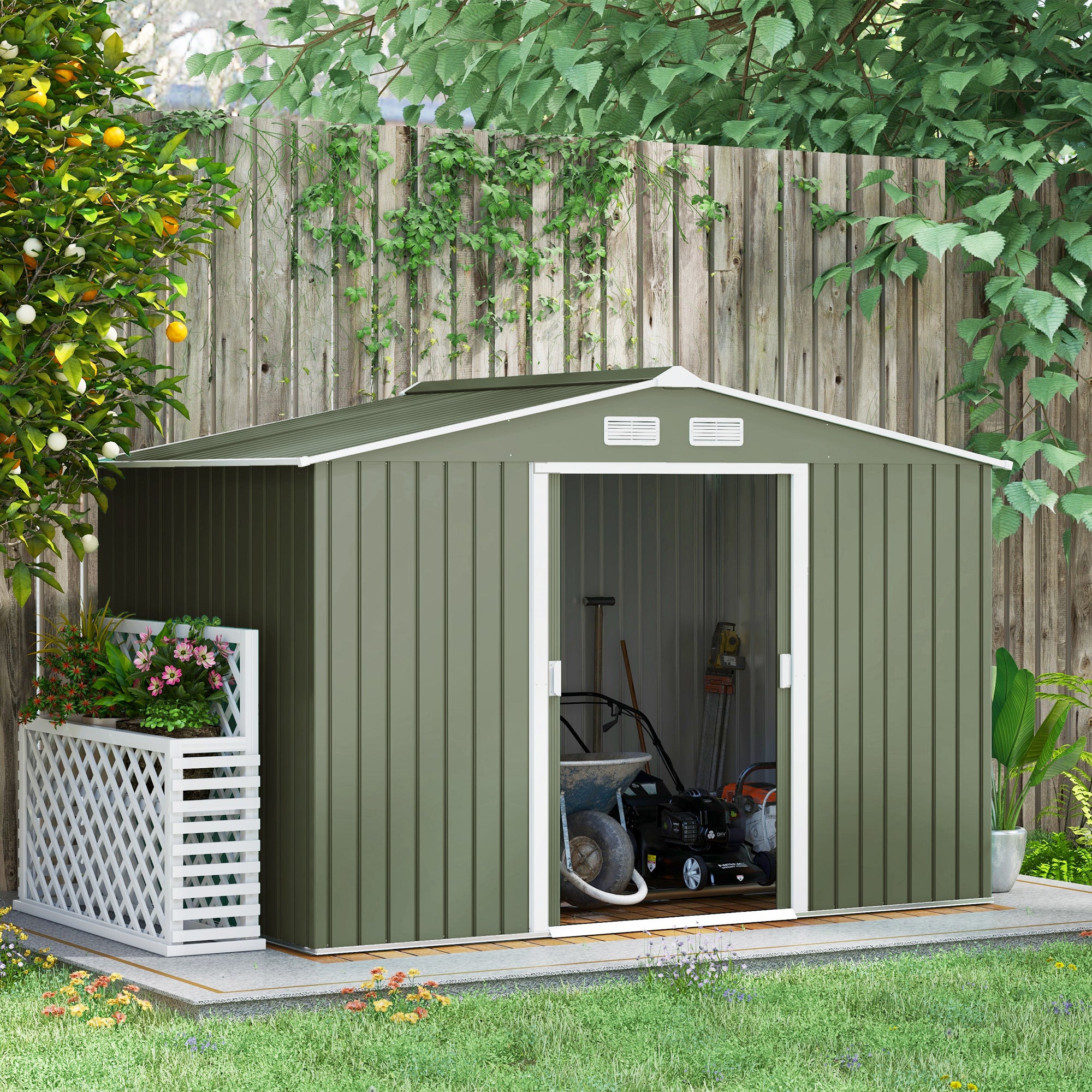 9.1'x6.4'x6.3' Garden Storage Shed w/ Foundation Kit Metal Tool Storage House w/ Double Doors Light Green Sheds at Gallery Canada