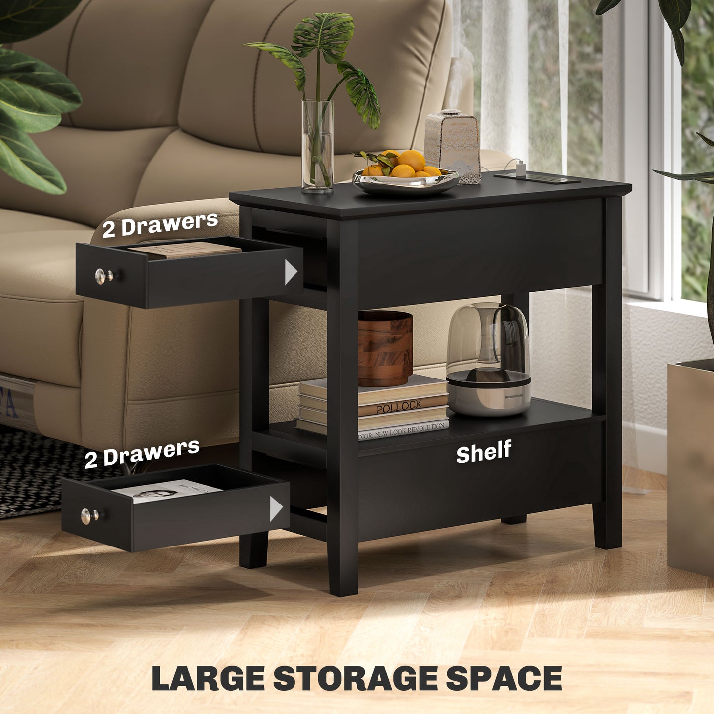 Narrow Side Table with Charging Station, USB Ports, Modern End Table with Storage Shelf, Drawers for Living Room, Black Side Tables   at Gallery Canada