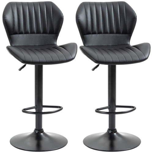Shell Back Bar Stool Set of 2, PU Leather Adjustable Swivel Barstools with Chrome Base and Footrest for Kitchen Counter, Pub, Black