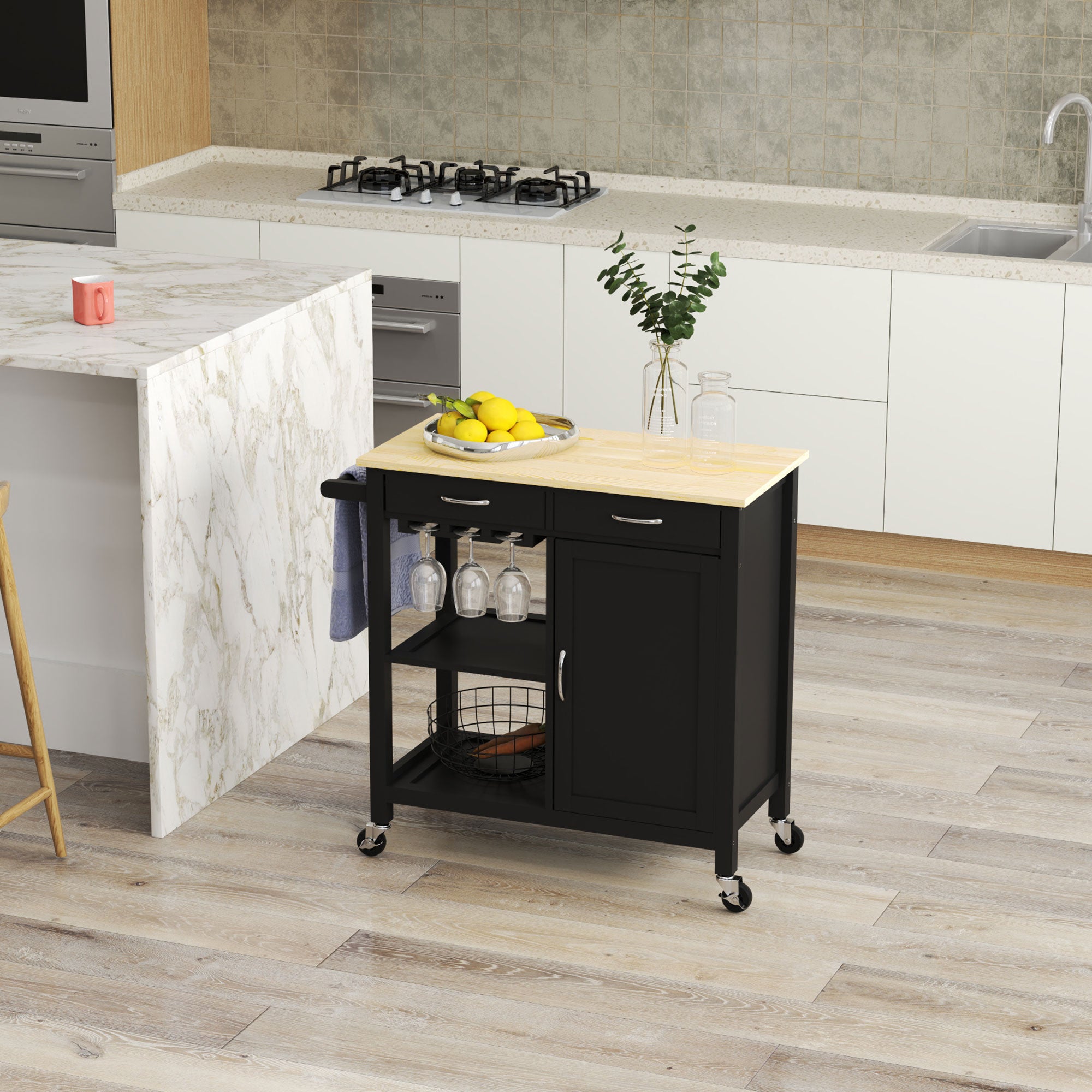 Kitchen Storage Trolley Cart Serving Cart 2 Drawers Wine Glass Rack Towel Rail Kitchen Islands & Kitchen Carts at Gallery Canada