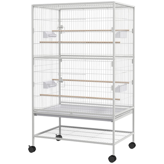 52" Large Rolling Steel Bird Cage Bird House with Rolling Stand, Storage Shelf, Wood Perch, Food Container, Grey Bird Cages   at Gallery Canada