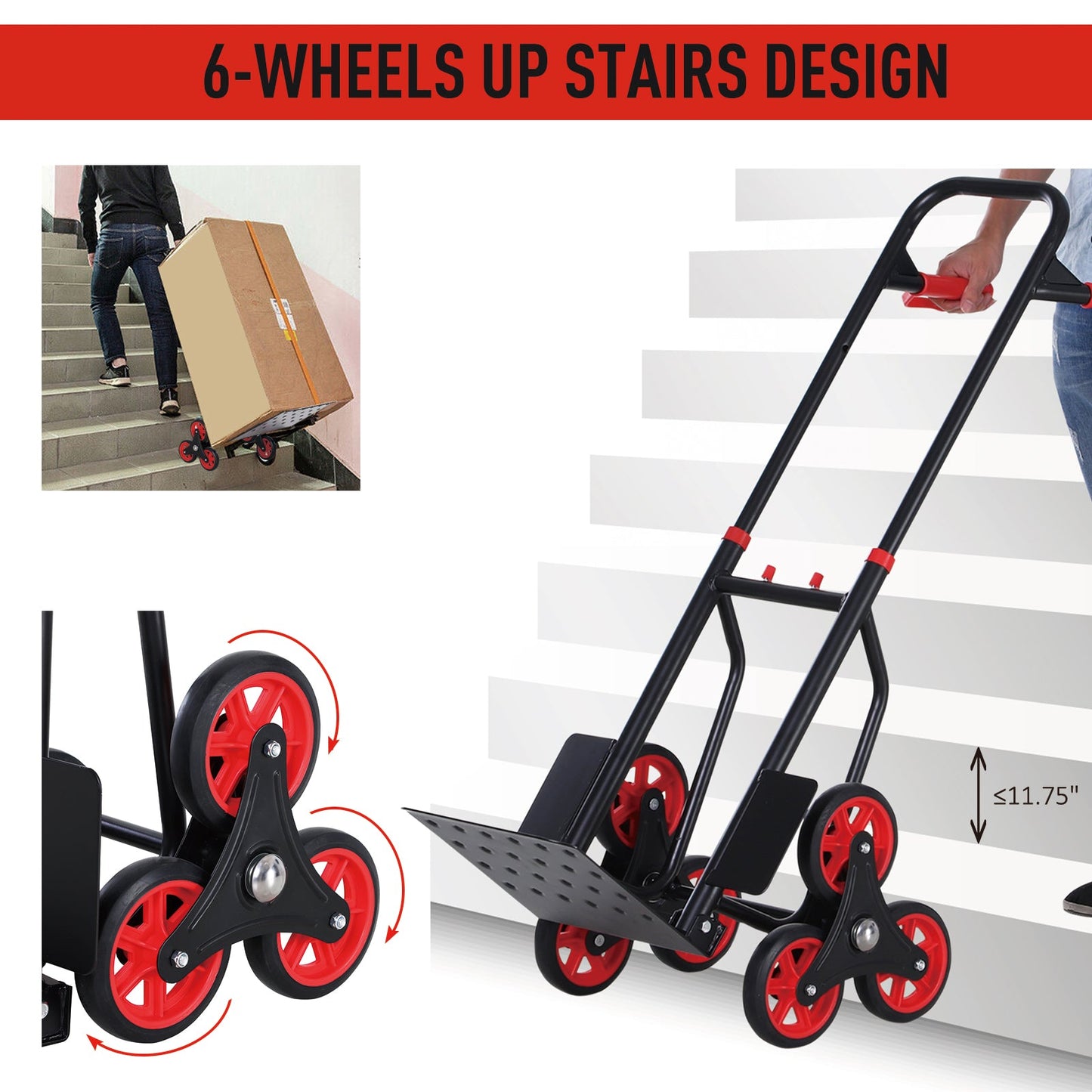 6-Wheels Stair Climber Trolley Cart Hand Truck and Dolly Foldable Steel Load Cart, 264lbs Capacity Folding Hand Trucks   at Gallery Canada