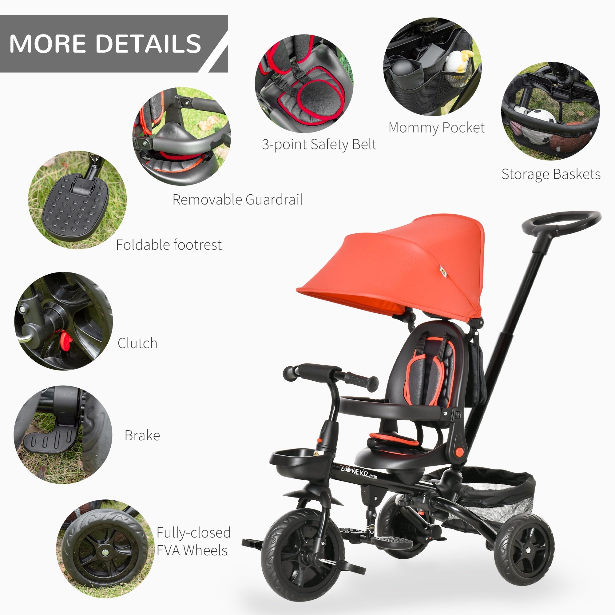 4-in-1 Baby Tricycle with Adjustable Seat, Handle, Canopy, Brake, Red Tricycles for Kids   at Gallery Canada