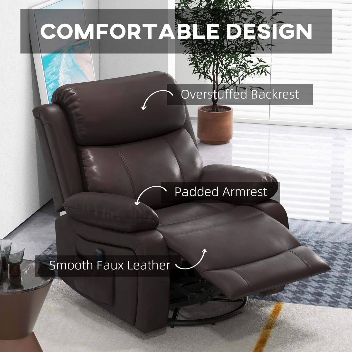 PU Leather Reclining Chair with Vibration Massage Recliner, Swivel Base, Rocking Function, Remote Control, Brown Single Sofas   at Gallery Canada