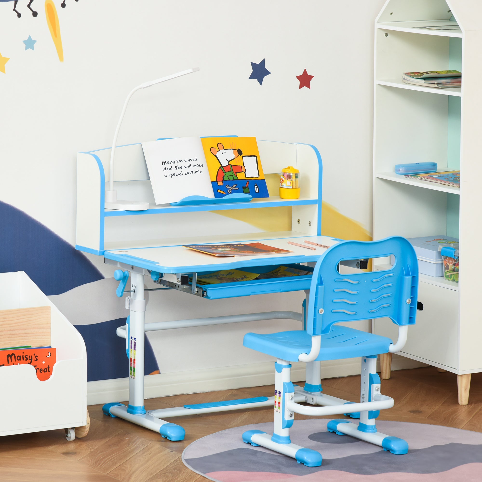 Kids Desk and Chair Set with Easy Rotation Handle, Height Adjustable Study Table and Chair Set with LED Lamp, Bookshelf, Drawer, Reading Board, Pen Slot, Hook, Blue Kids Desk Sets at Gallery Canada