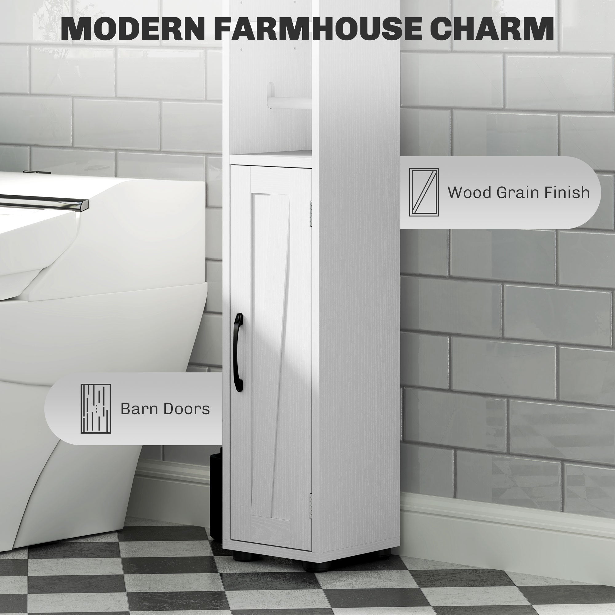 Narrow Bathroom Cabinet, Tall Bathroom Storage Cabinet with Barn Doors, Drawer and Adjustable Shelves, White Wood Grain Bathroom Cabinets at Gallery Canada