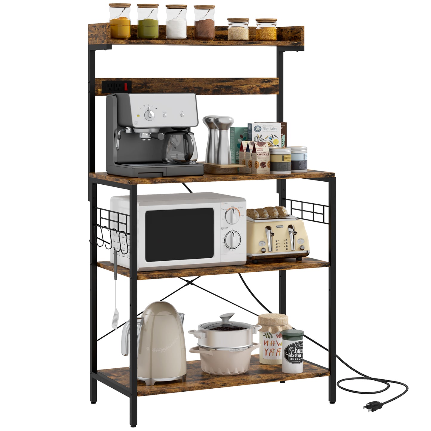 Kitchen Baker's Rack with Power Outlet, Coffee Bar Station with Adjustable Shelves and Hooks, Rustic Brown Bar Cabinets   at Gallery Canada