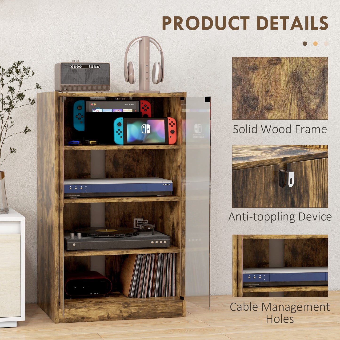 5-Tier Media Cabinet, Media Stand with Adjustable Shelves, Tempered Glass Doors, and Cable Management, Rustic Brown Storage Cabinets   at Gallery Canada