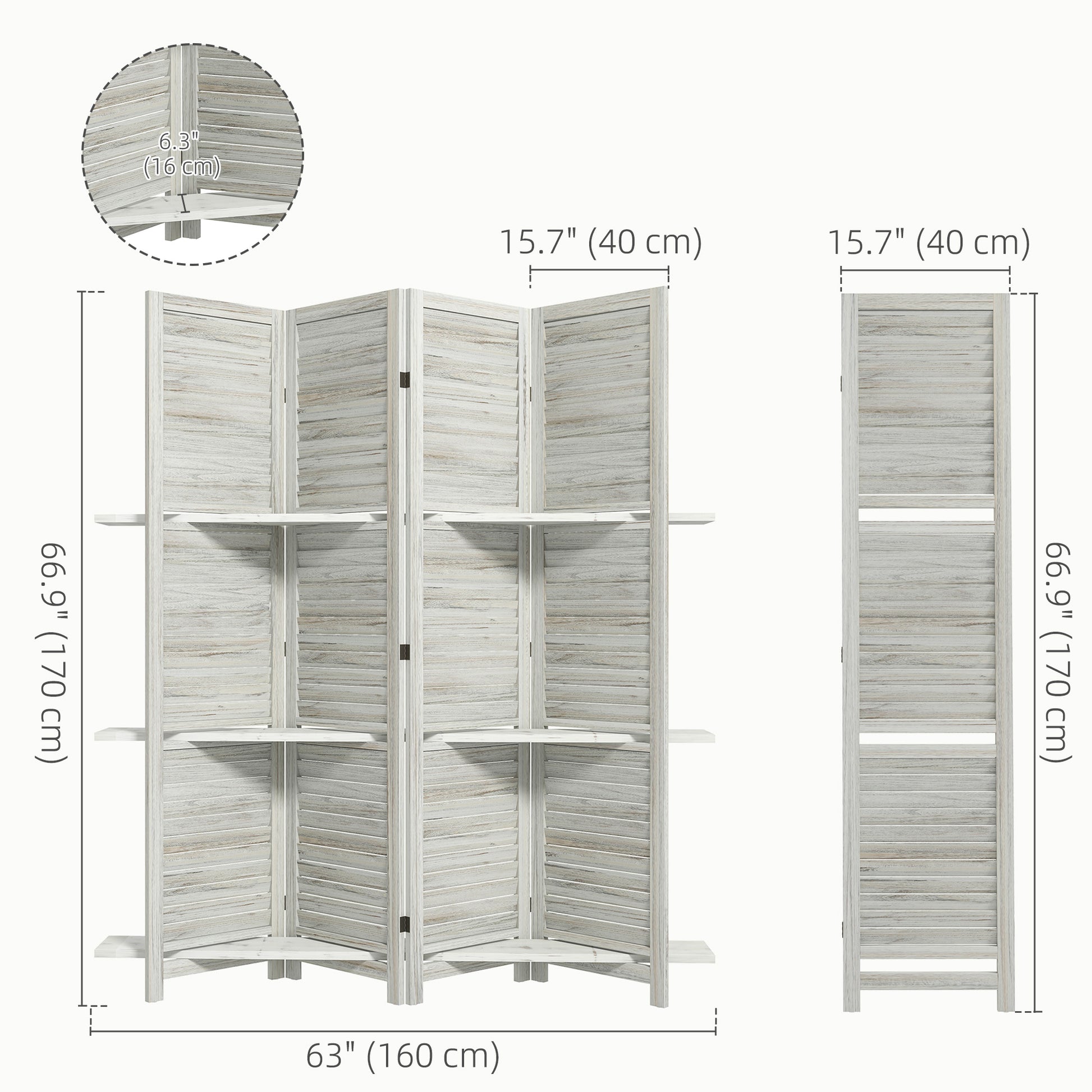 4-Panel Wall Partition Room Separator with 3 Storage Shelves Foldable Design Wooden Frame 5.6FT Distressed White Room Dividers at Gallery Canada