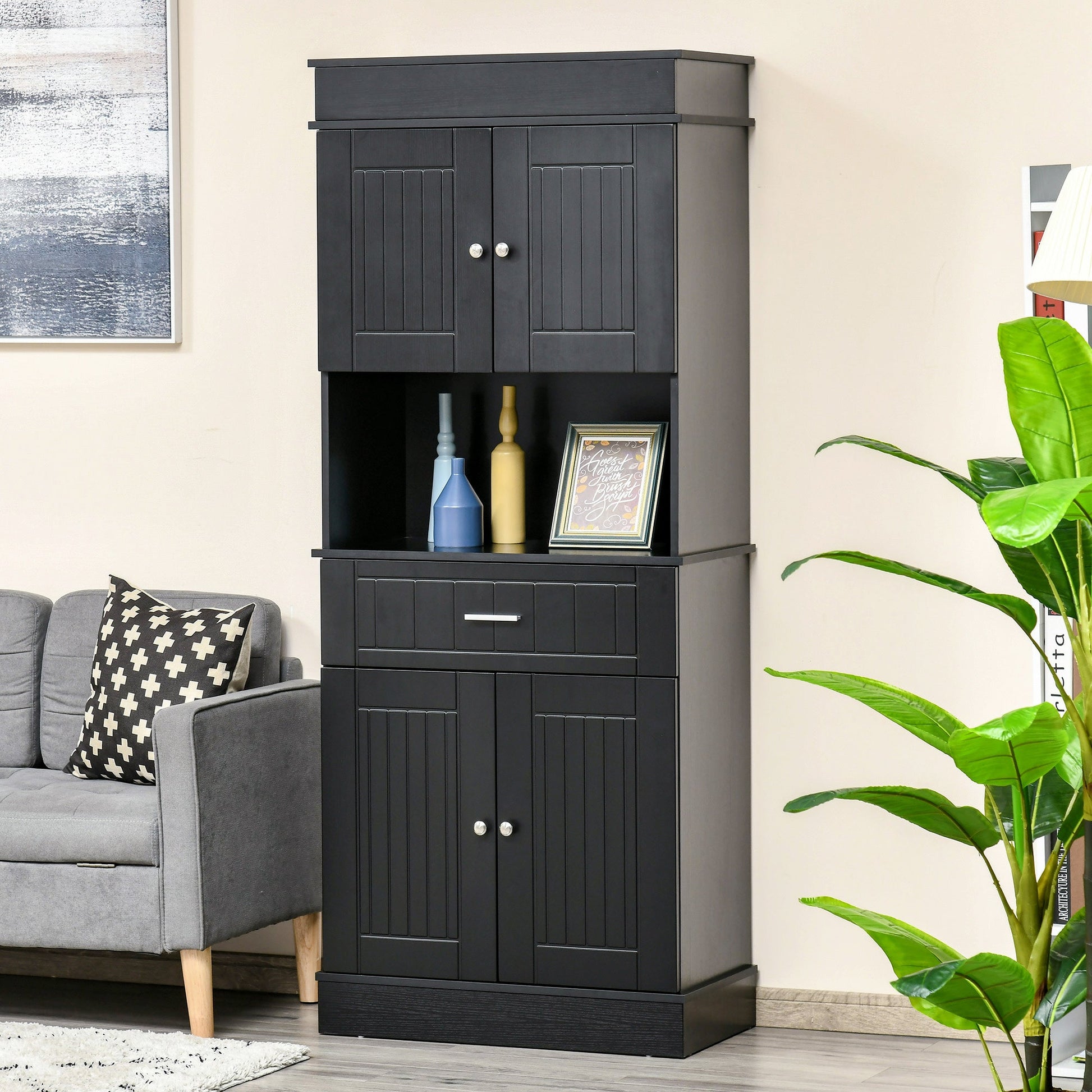 Freestanding 72" Kitchen Pantry Cabinet with Hutch, Adjustable Shelf, Black Kitchen Pantry Cabinets   at Gallery Canada