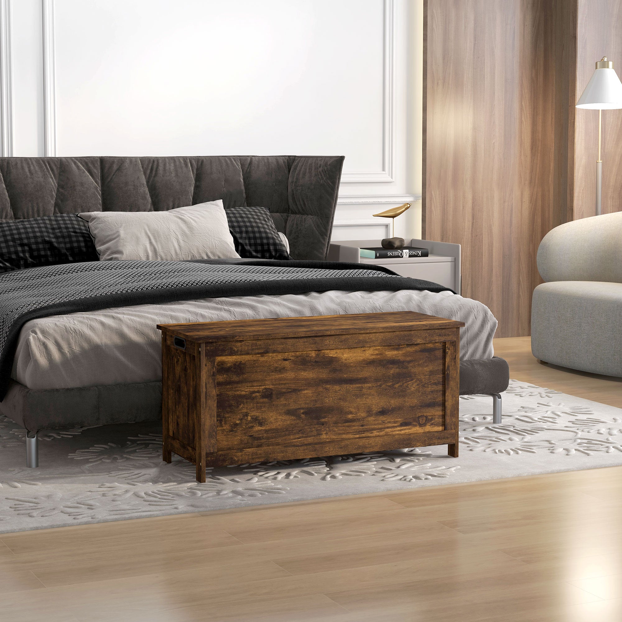 Storage Trunk with 2 Safety Hinges, Modern Entryway Bench with Side Handles, Storage Chest for Living Room, Rustic Brown Storage Ottomans & Benches at Gallery Canada