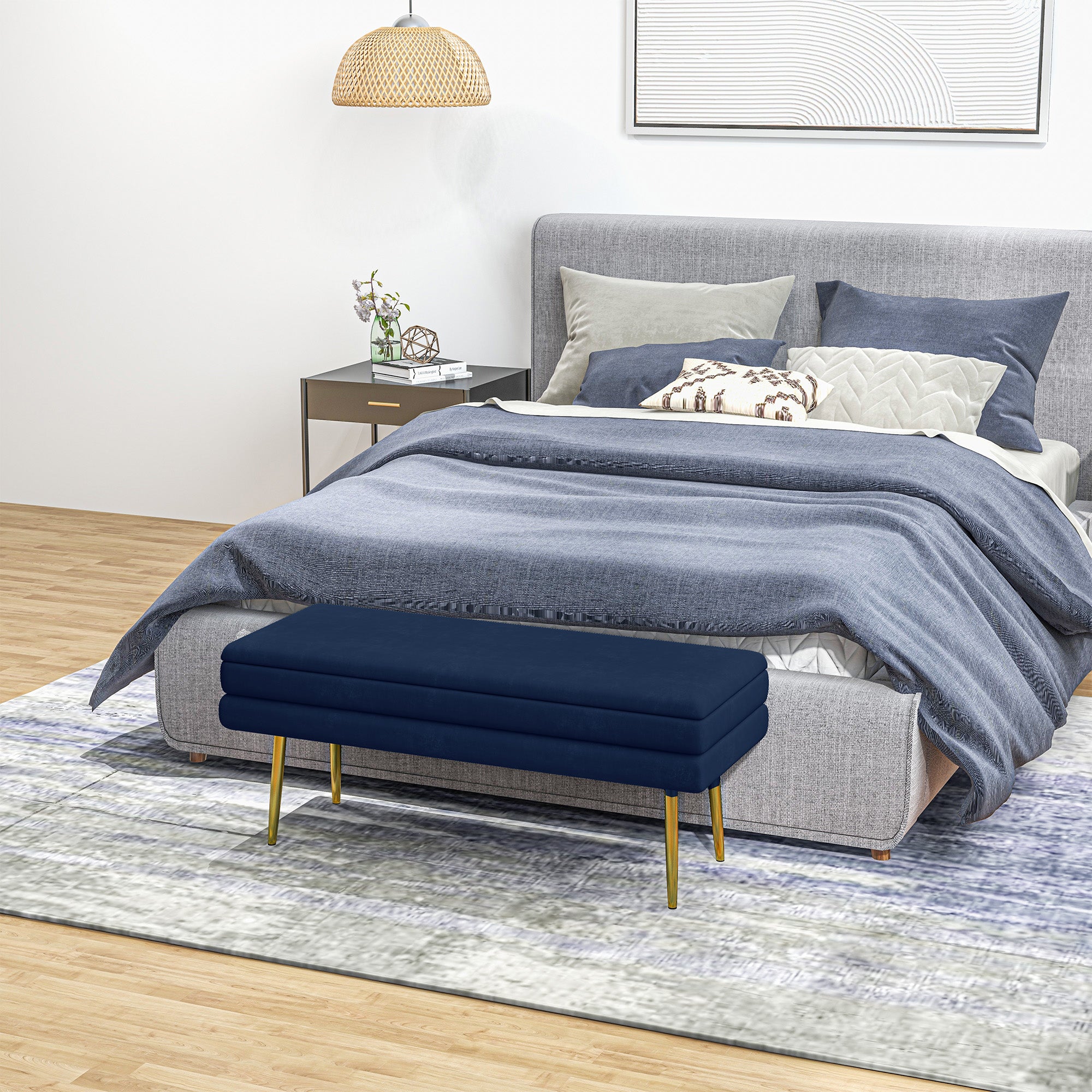 End of Bed Bench, Velvet-feel Upholstered Bench with Thick Padded Seat and Steel Legs, Modern Bedroom Bench, Dark Blue Storage Ottomans & Benches at Gallery Canada