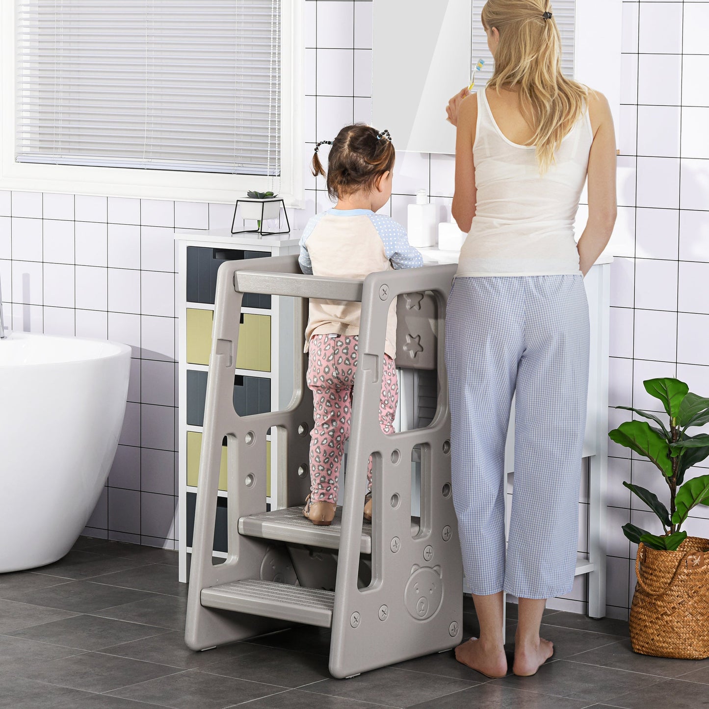 Toddler Kitchen Helper 2 Step Stool with Adjustable Height Platform and Safety Rail, Grey Toddler & Kids Step Stools   at Gallery Canada