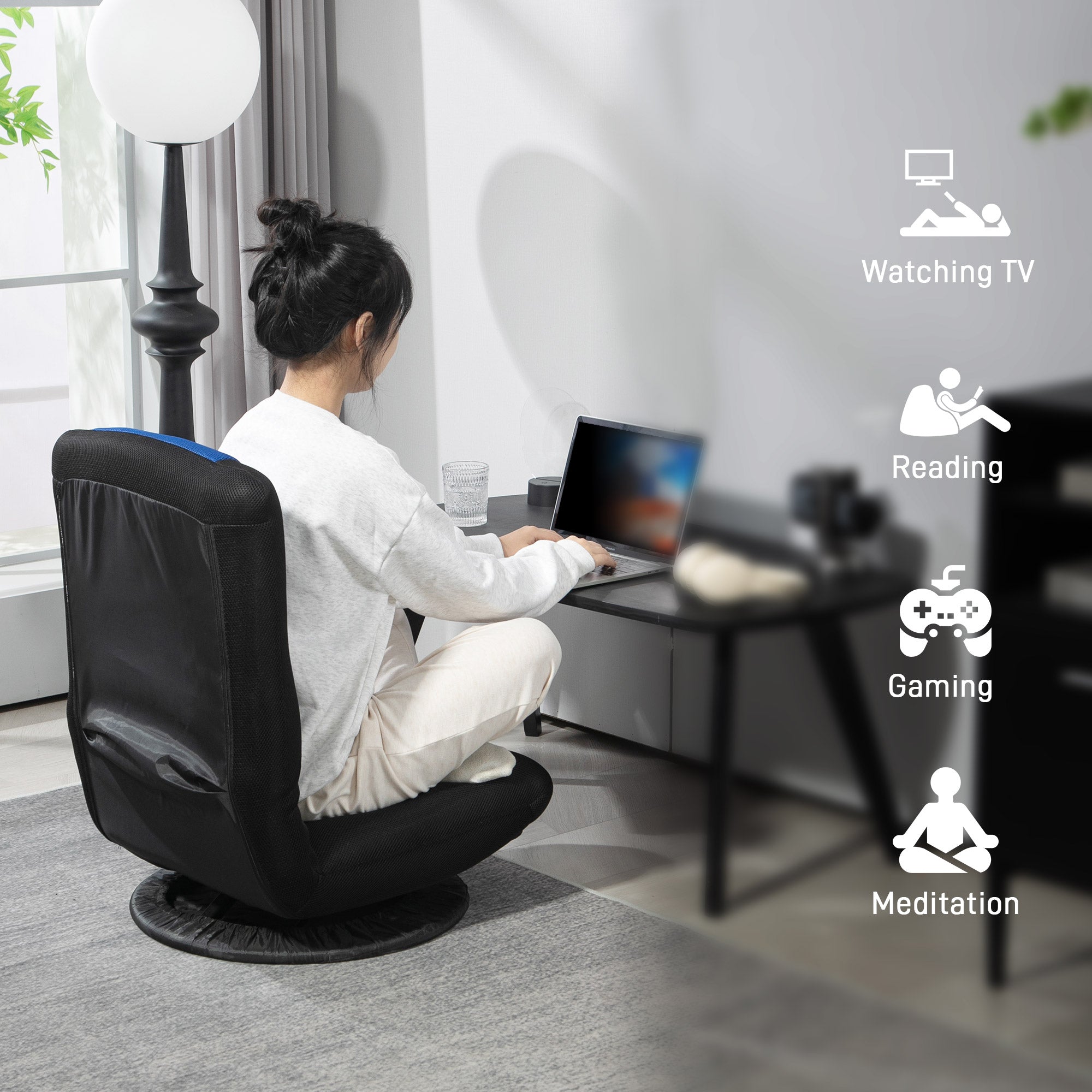 Folding Floor Chair for Adults Teens, 360 Degree Swivel Gaming Chair, 6 Positions Adjustable Lazy Sofa, Blue 2-Seater Sofas at Gallery Canada