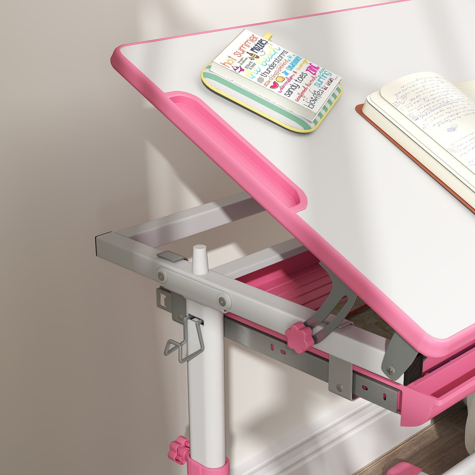 Height Adjustable Study Table and Chair Set with Drawer, Pen Slot, Tiltable Desktop, Hook, Pink Kids Desk Sets   at Gallery Canada