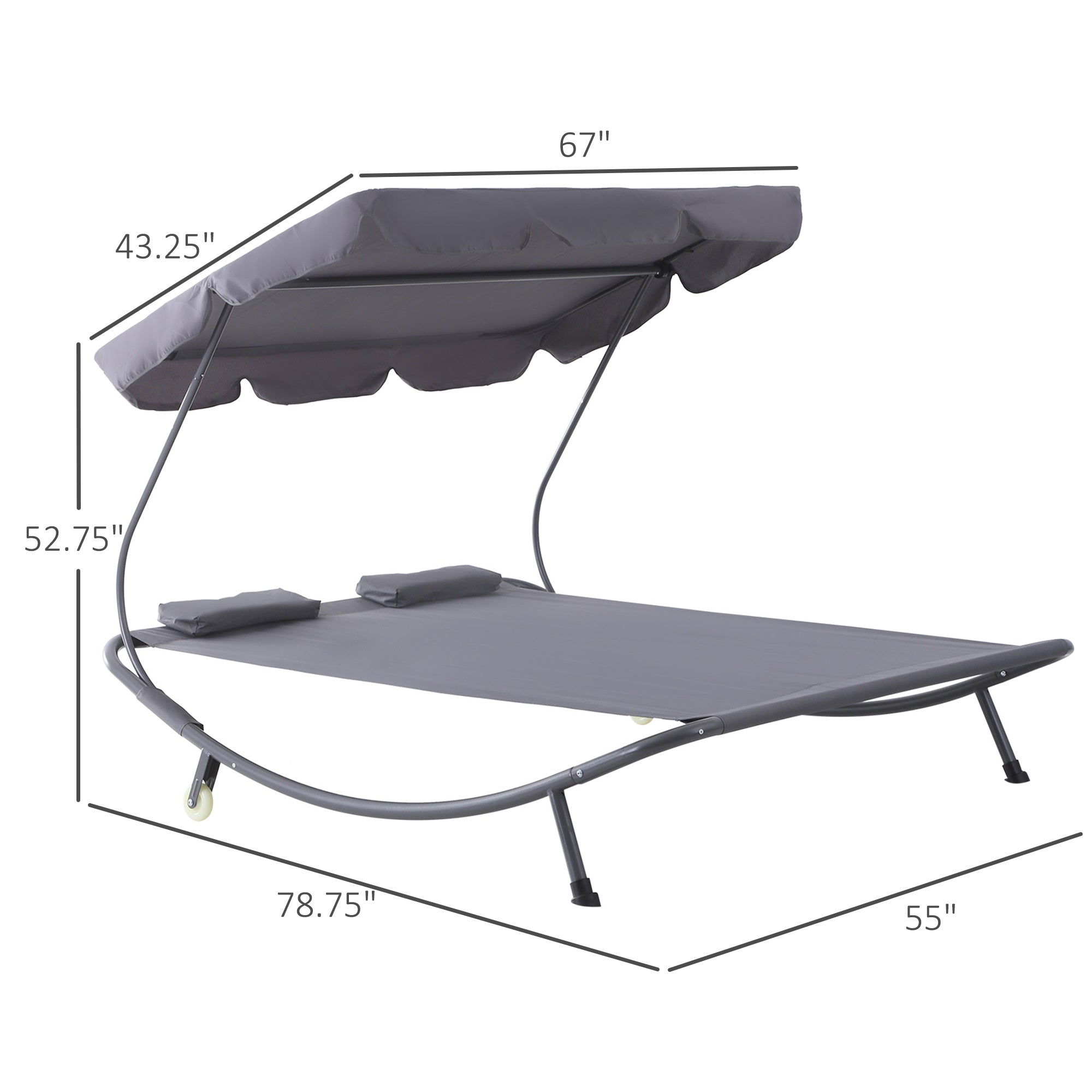 Double Patio Lounger with Adjustable Canopy, Outdoor Daybed Hammock Lounger with Headrest Pillows, Two Moving Wheels for Poolside, Garden, Grey Lounger Chairs   at Gallery Canada