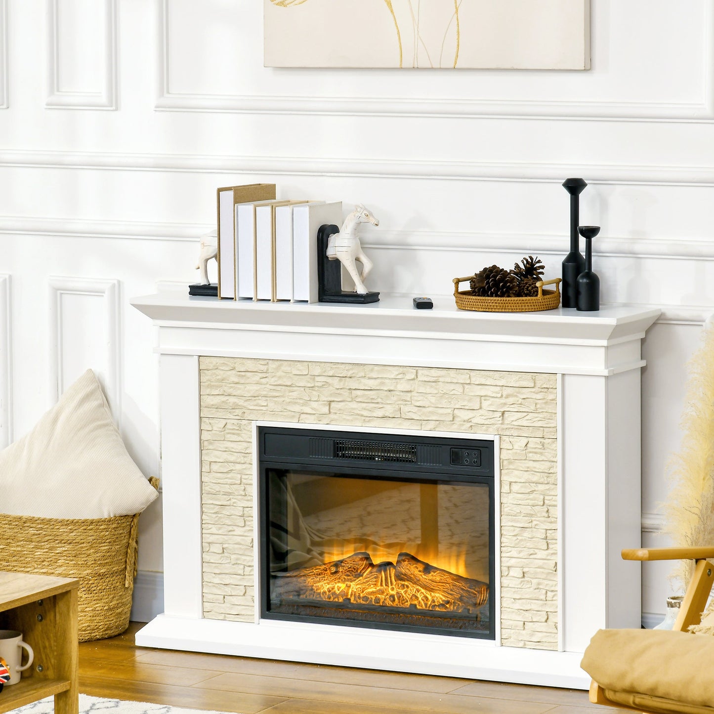 31.5" Electric Fireplace with Mantel, 1400W Freestanding Fireplace Heater with Remote Control, Overheat Protection, Timer, White Electric Fireplaces   at Gallery Canada