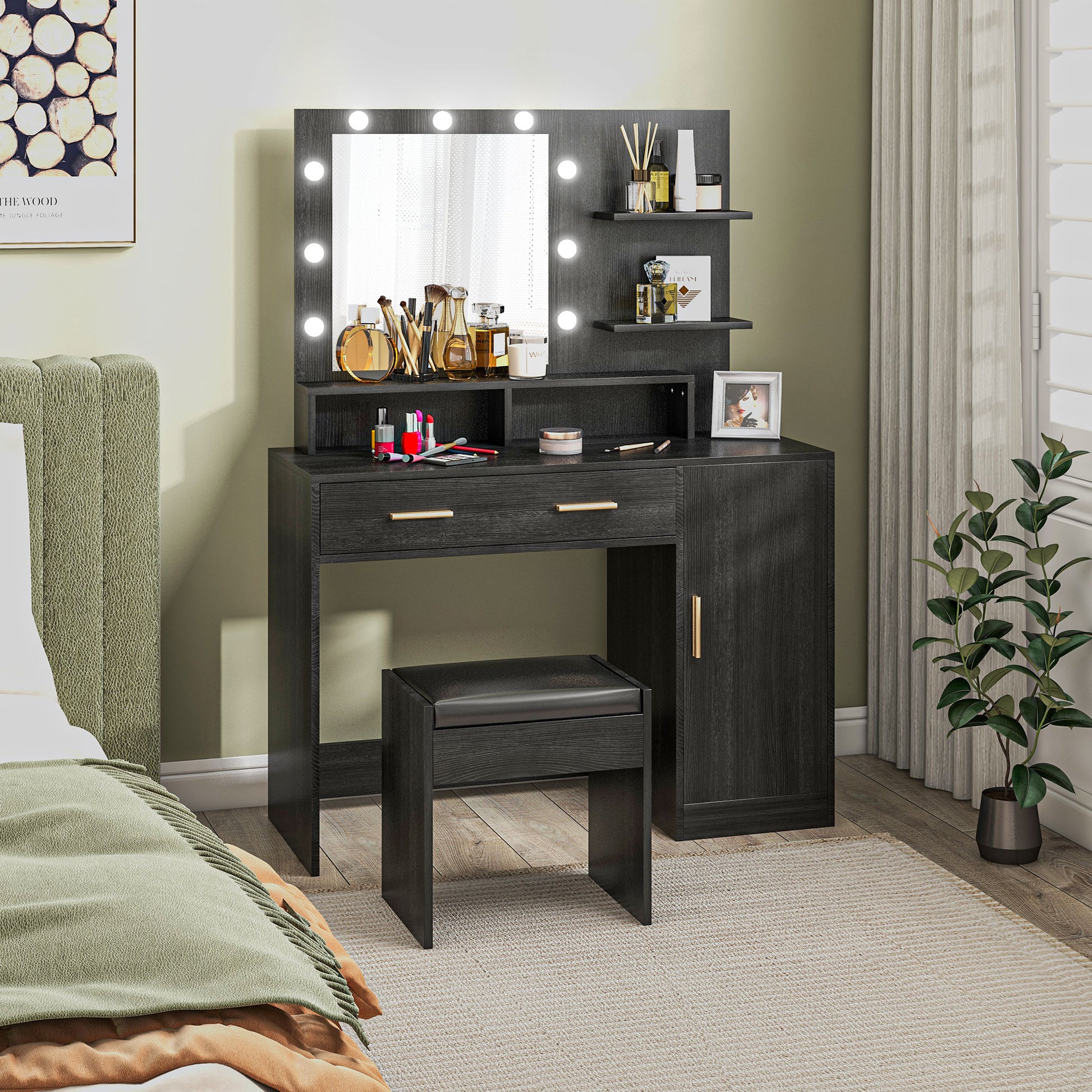 Illuminated Dressing Table Set, LED Vanity Table Set with Stool, LED Mirror, Drawer and Cabinet Shelves for Bedroom Dressing & Vanity Tables Black  at Gallery Canada