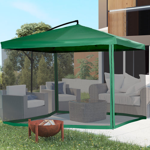 Offset Patio Umbrella with Net and Umbrella Base, Adjustable Cantilever Canopy with Cross Base, Weight Plates and 8 Ribs for Backyard, Poolside, Garden, Green
