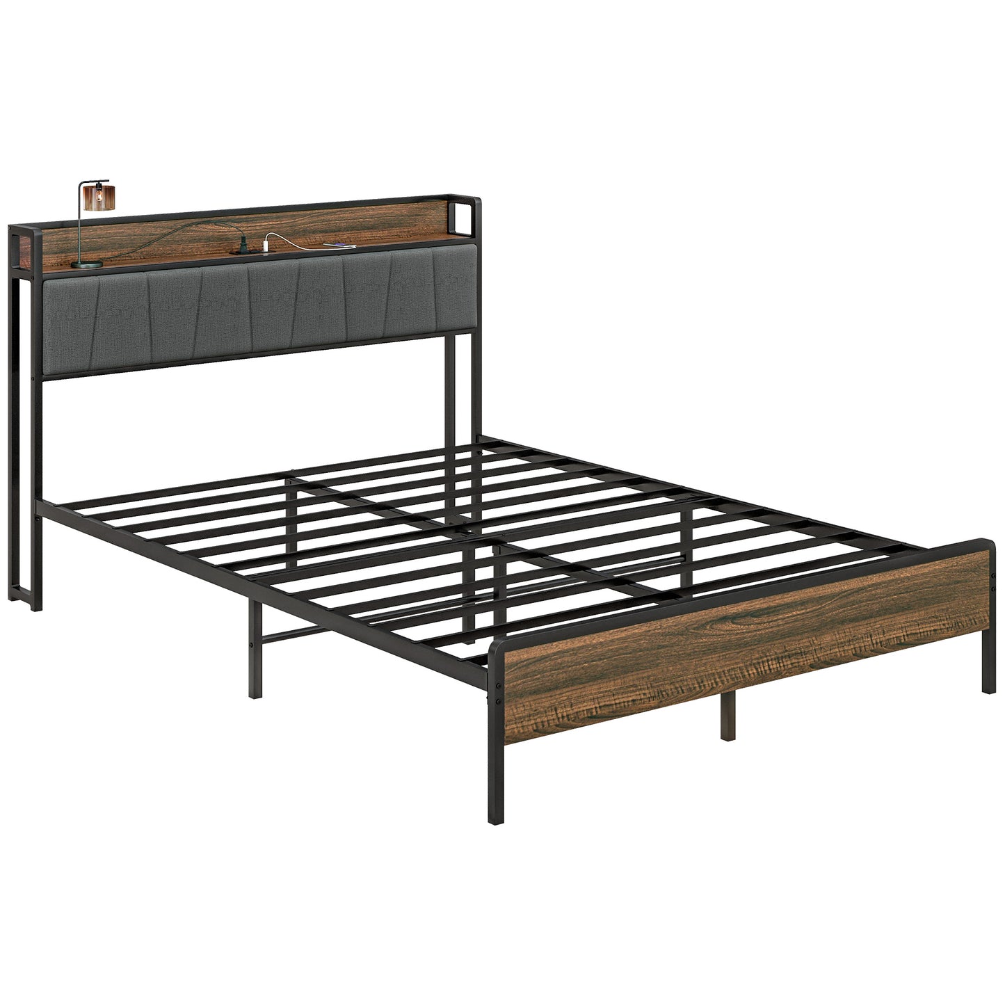 Queen Size Bed Frame with Charging Station, Queen Bed Frame with Upholstered Headboard and Storage Shelf, Walnut Bedroom Furniture   at Gallery Canada