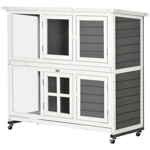 2 Tier Wooden Rabbit Hutch with Wheels, Waterproof Roof, Removable Tray for Outdoor &; Indoor, Dark Grey