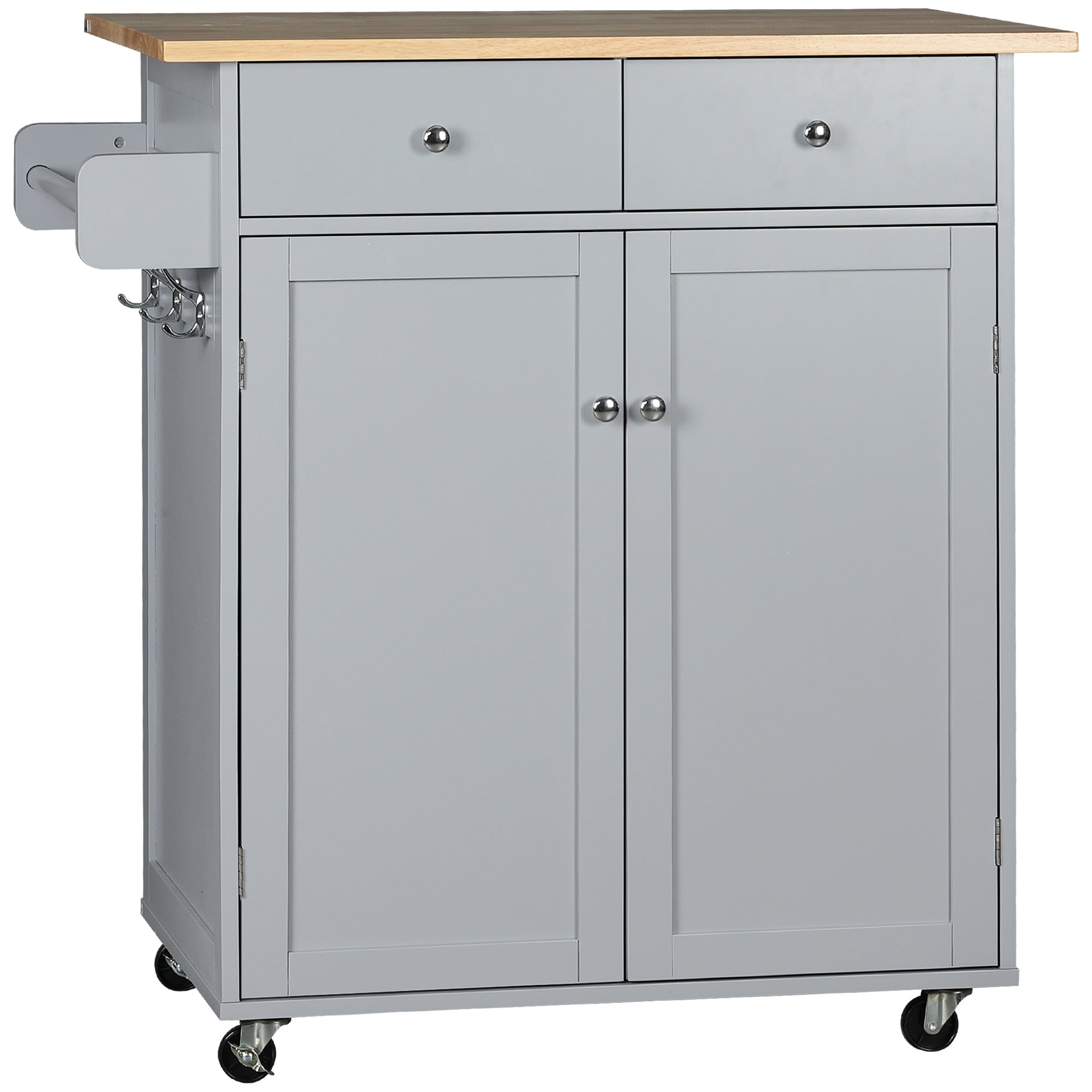 Rolling Kitchen Island with Storage, Kitchen Cart with Rubber Wood Top, Adjustable Shelf, Towel Rack, Hooks and Storage Drawers, Grey Kitchen Islands & Kitchen Carts Grey  at Gallery Canada