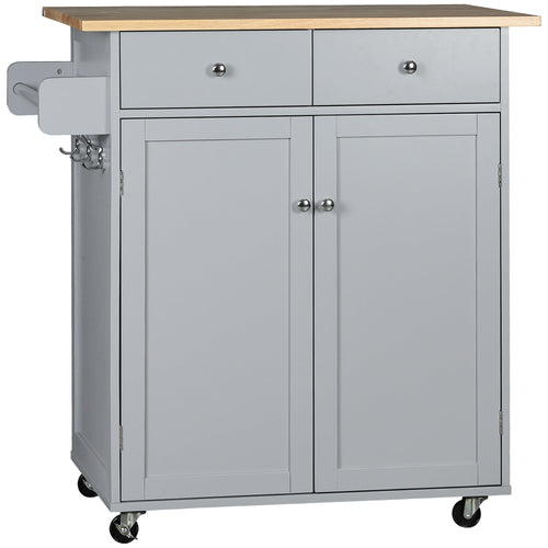 Rolling Kitchen Island with Storage, Kitchen Cart with Rubber Wood Top, Adjustable Shelf, Towel Rack, Hooks and Storage Drawers, Grey