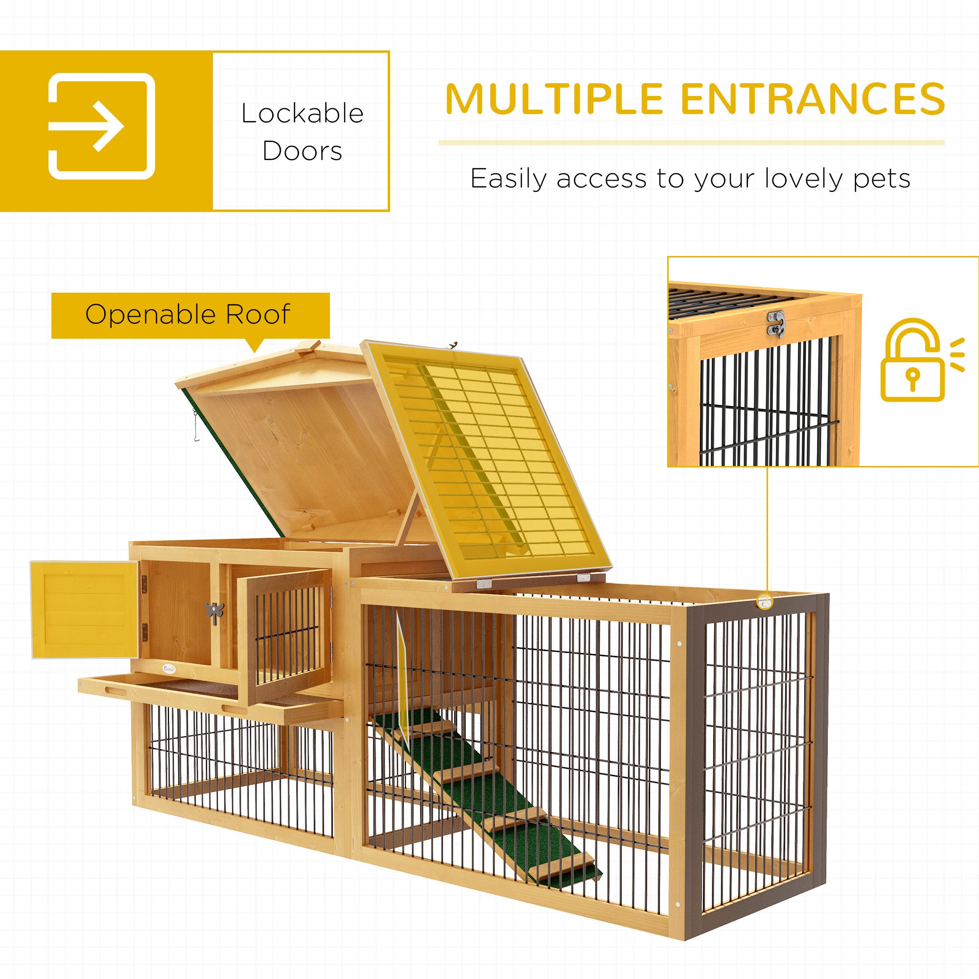Wood Rabbit Hutch w/ Ramp, Openable Roof, Pull-out Tray, Yellow Rabbit Hutch at Gallery Canada