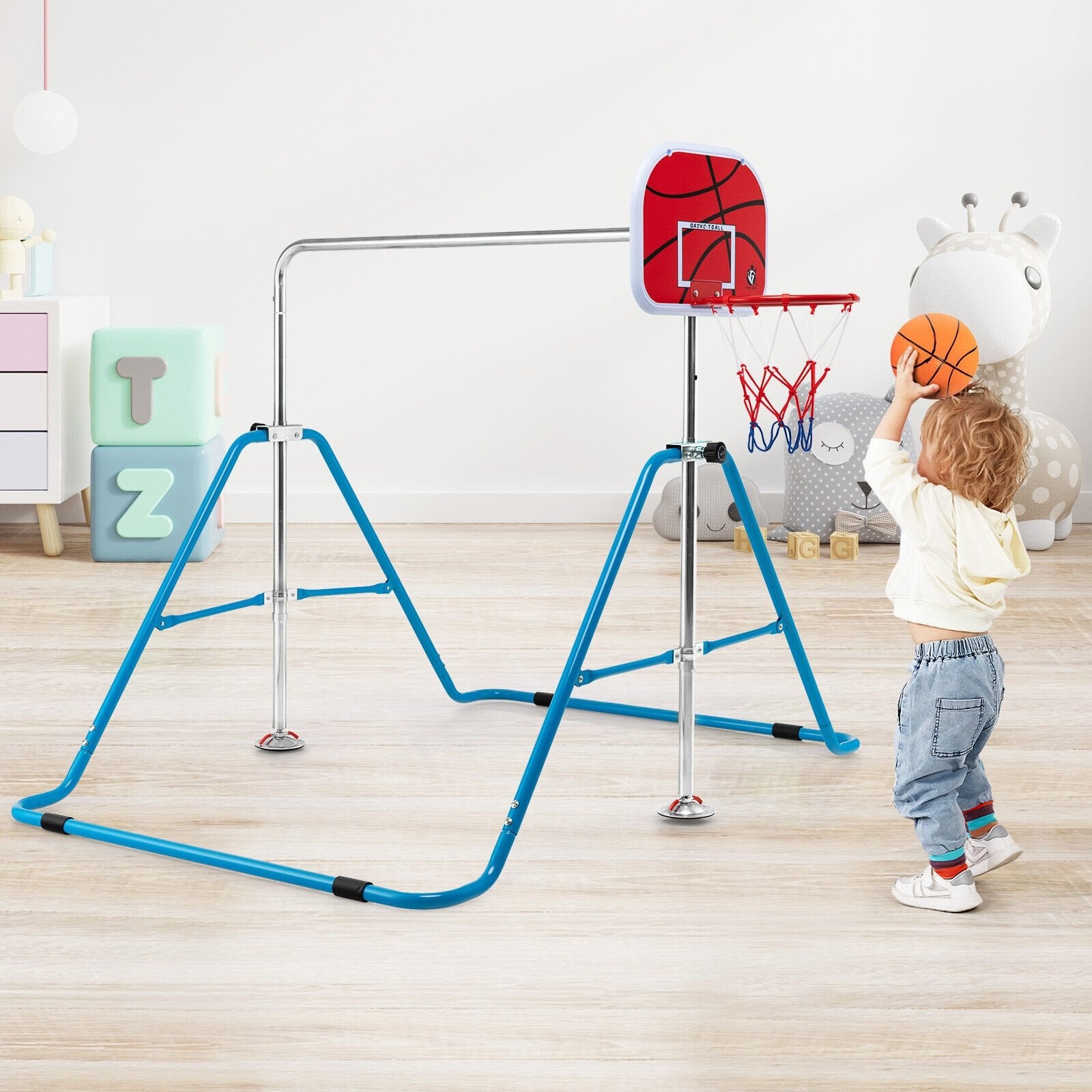 Kids Folding Horizontal Bar with 4 Adjustable Heights, Blue Toy Sports   at Gallery Canada