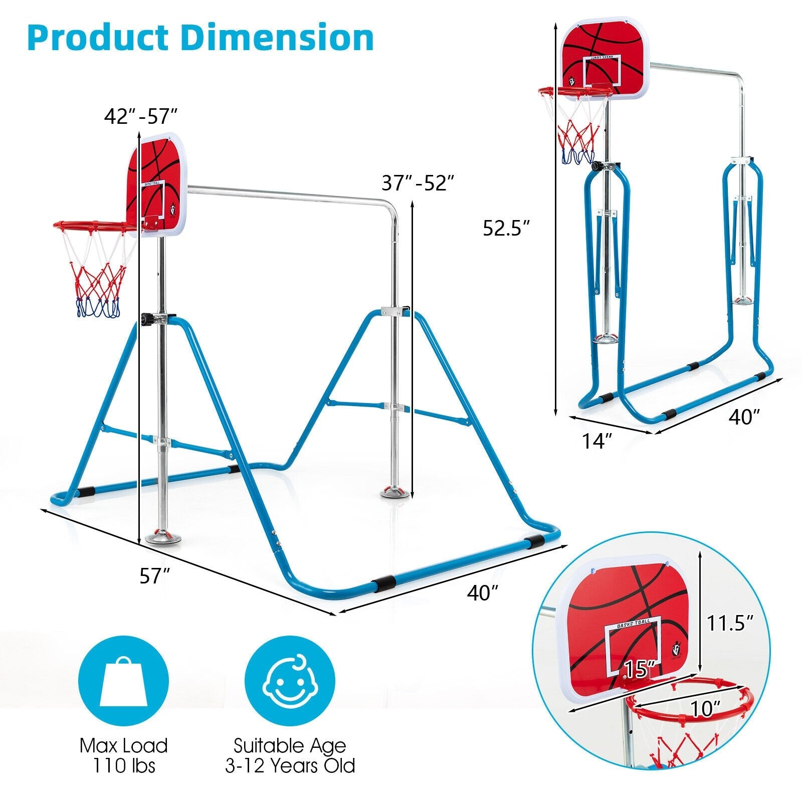 Kids Folding Horizontal Bar with 4 Adjustable Heights, Blue Toy Sports   at Gallery Canada