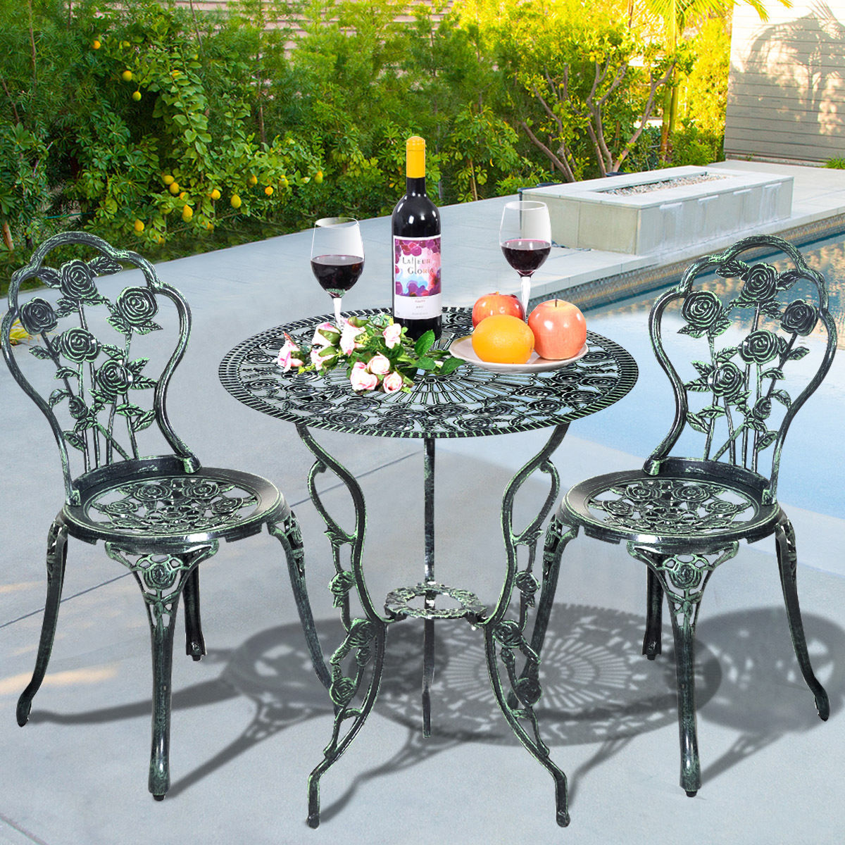 Outdoor Cast Aluminum Patio Furniture Set with Rose Design, Green Patio Conversation Sets   at Gallery Canada