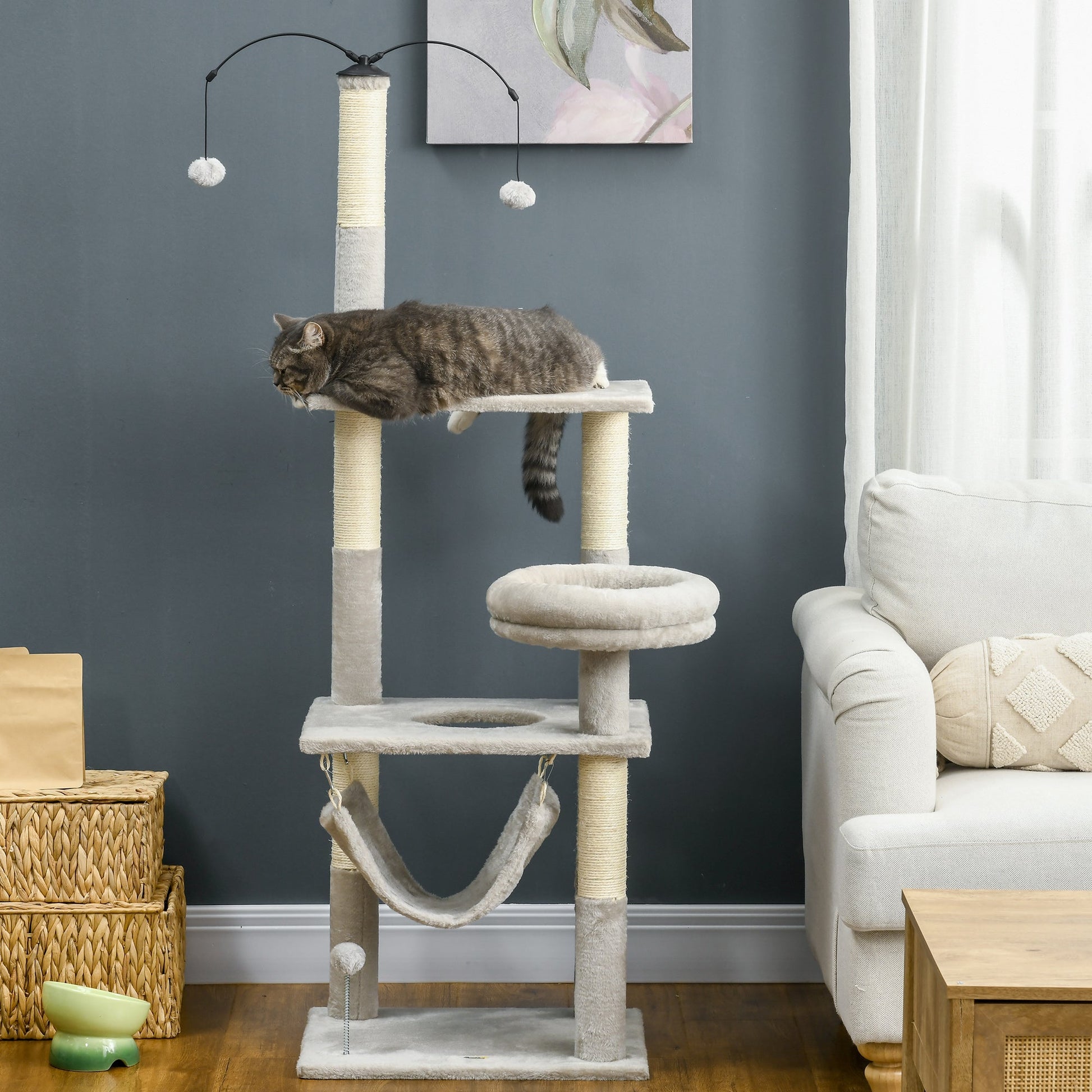 57.5" Cat Tree for Indoor Cats with Scratching Posts, Cat Condo with Hammock, Bed, Toys, Grey Cat Towers   at Gallery Canada