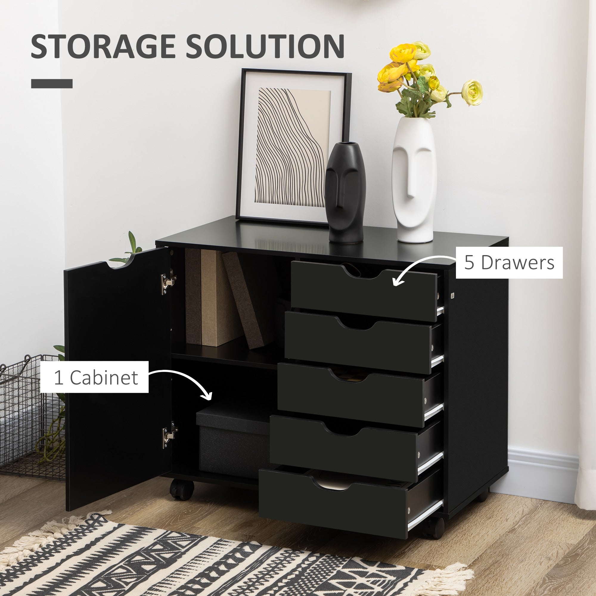 5-Drawer Vertical Filing Cabinet with Door, Adjustable Shelf, Wheels, Black Storage Cabinets   at Gallery Canada