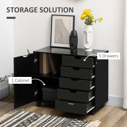 5-Drawer Vertical Filing Cabinet with Door, Adjustable Shelf, Wheels, Black Storage Cabinets   at Gallery Canada