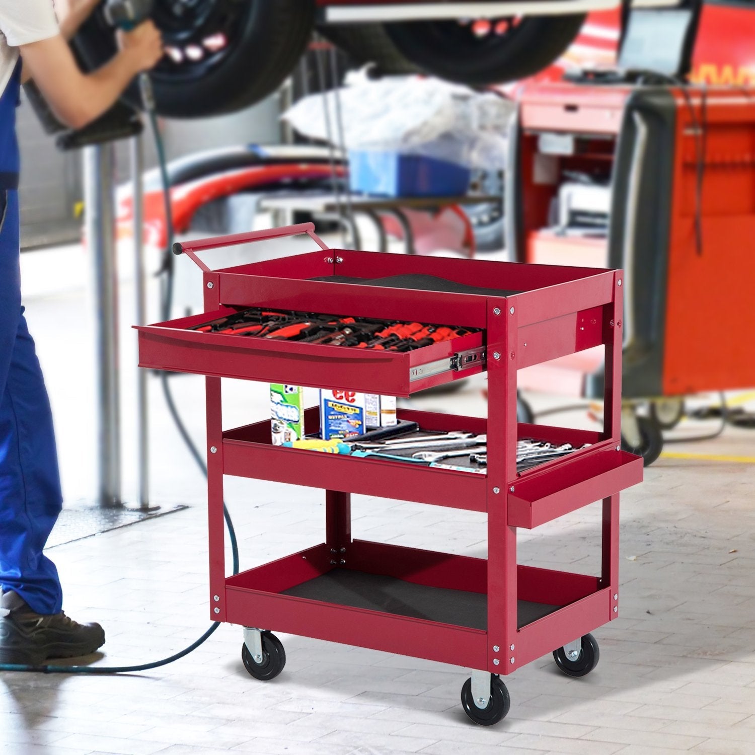 Rolling Tool Cart 3 Tray 1 Drawer Storage Chest Garage Utility Red Tool Organizers   at Gallery Canada