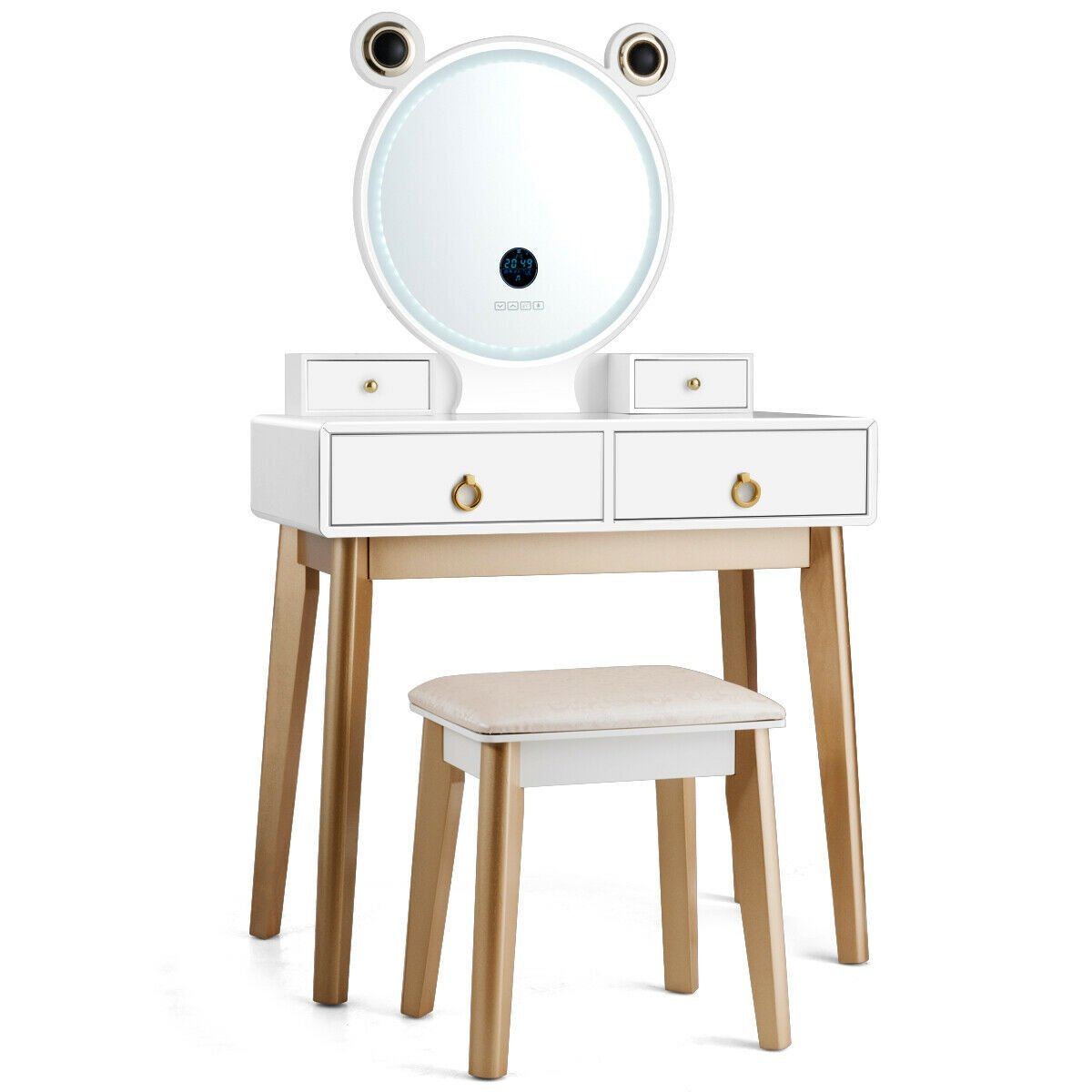 Vanity Set with 3-Color Lighted Touch Screen Dimming Mirror and 4 Drawers, White Makeup Vanities   at Gallery Canada