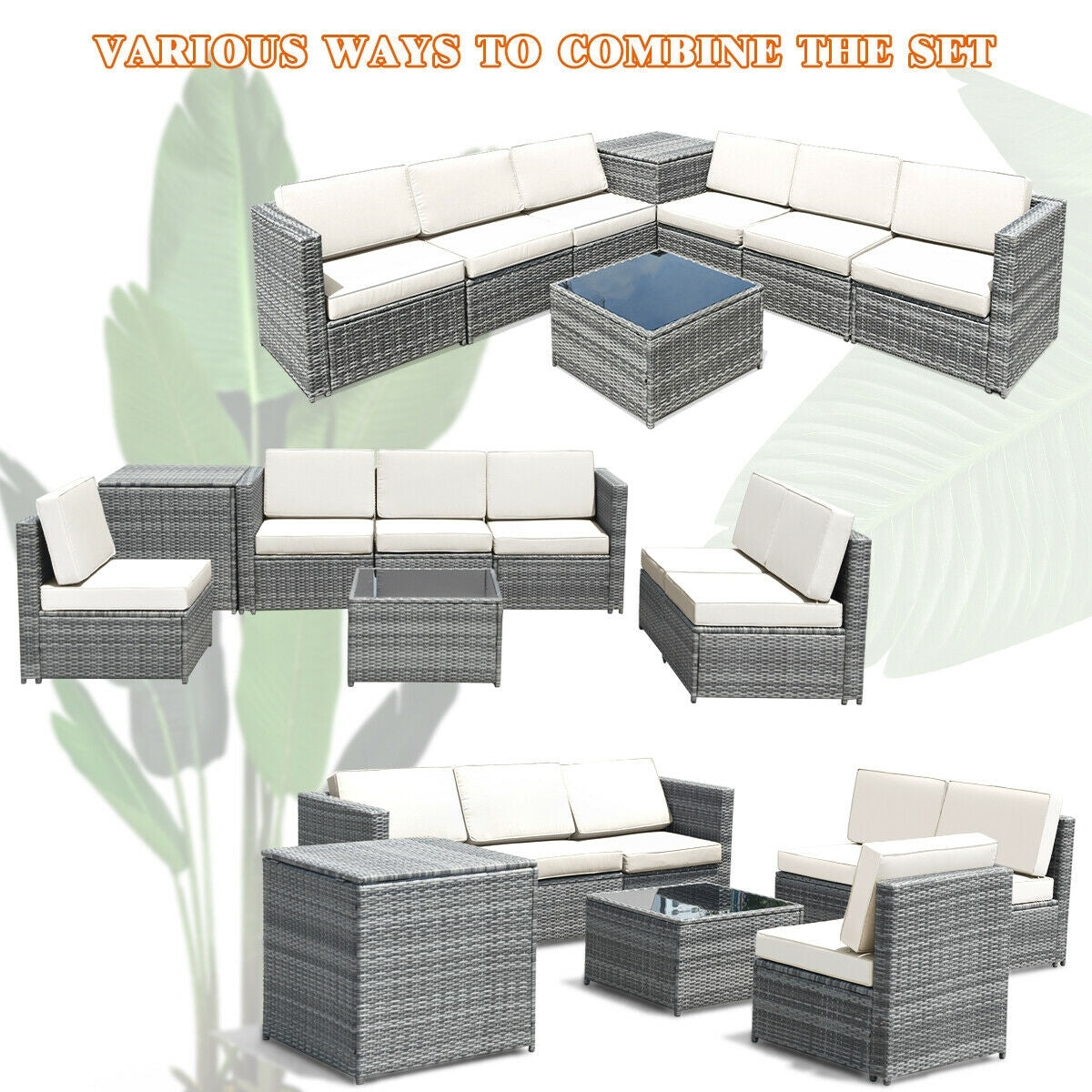 8 Piece Wicker Sofa Rattan Dinning Set Patio Furniture with Storage Table, White Outdoor Sectionals   at Gallery Canada