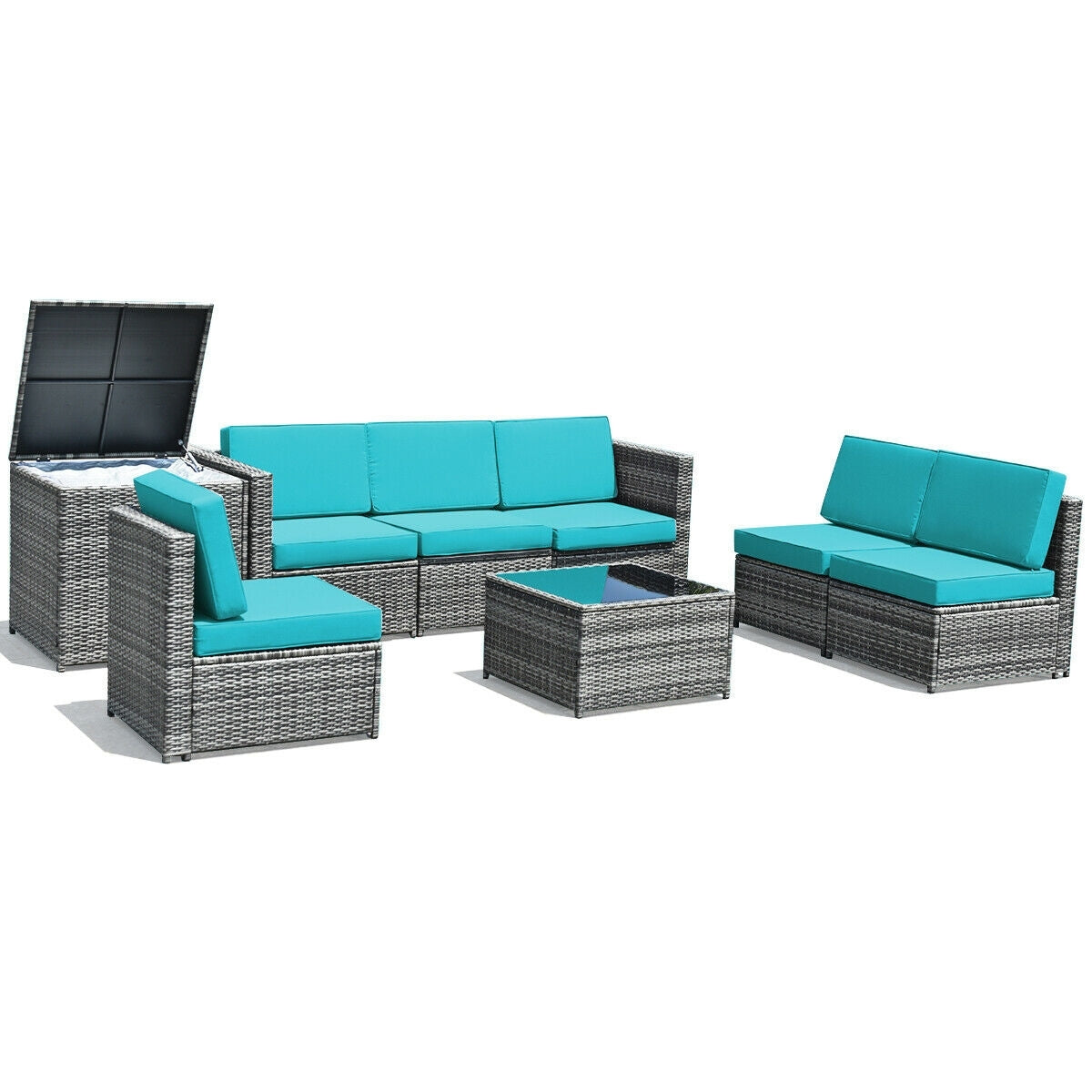 8 Piece Wicker Sofa Rattan Dinning Set Patio Furniture with Storage Table, Turquoise Outdoor Sectionals   at Gallery Canada