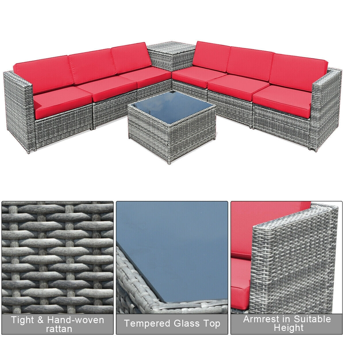 8 Piece Wicker Sofa Rattan Dinning Set Patio Furniture with Storage Table, Red Outdoor Sectionals   at Gallery Canada