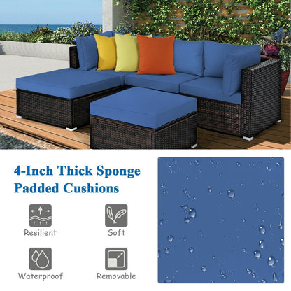 5 Pieces Patio Rattan Sofa Set with Cushion and Ottoman, Navy Outdoor Sectionals   at Gallery Canada