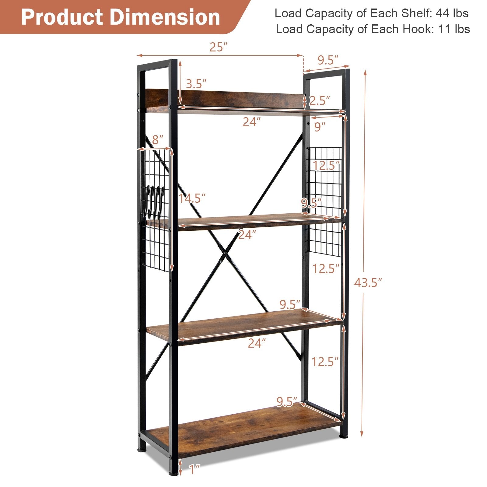 4 -Tier Industrial Open Storage Bookshelf, Dark Brown Bookcases   at Gallery Canada