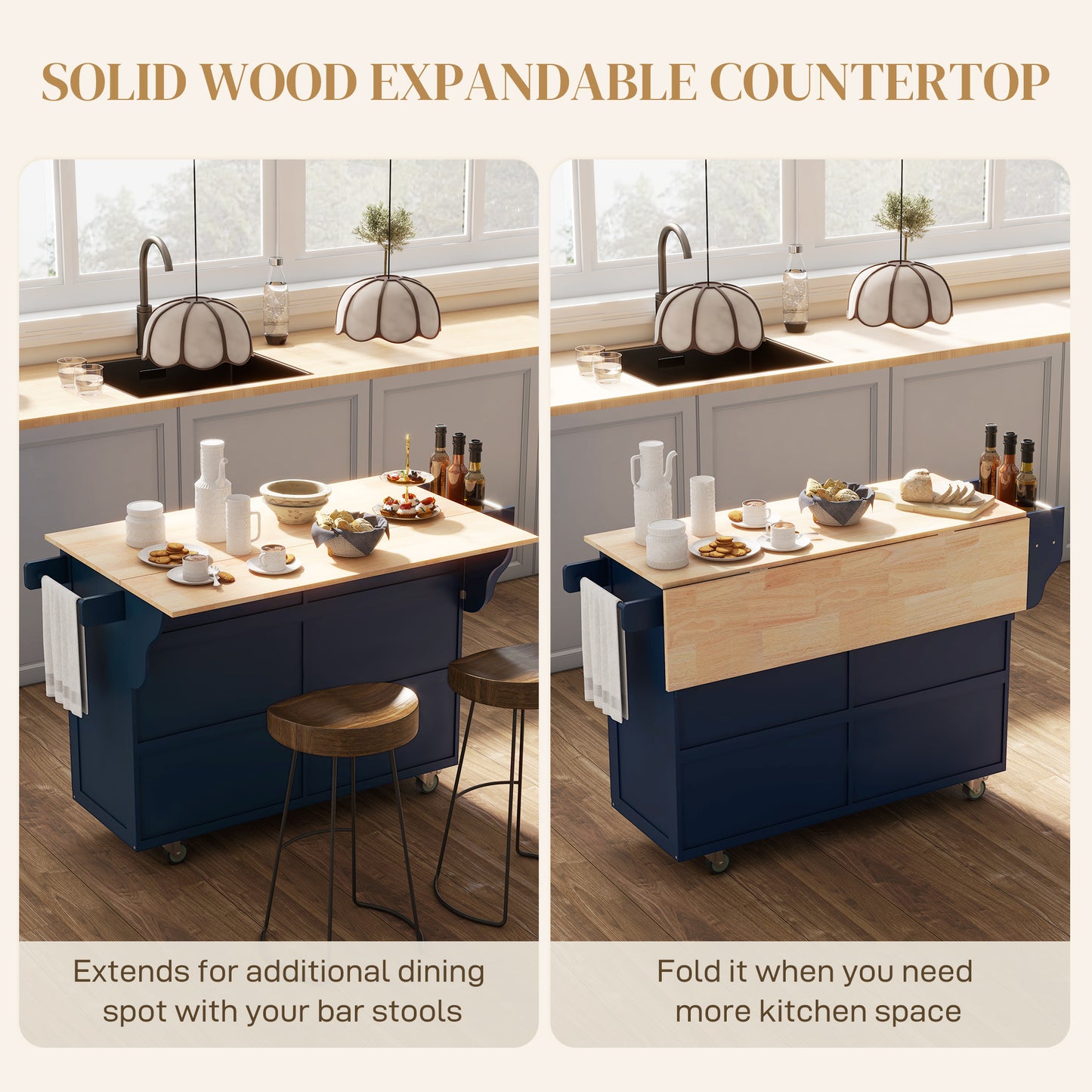 Kitchen Island with Storage, Rolling Kitchen Island with Drop Leaf, Rubber Wood Top and Adjustable Shelves, Navy Blue Kitchen Islands & Kitchen Carts at Gallery Canada