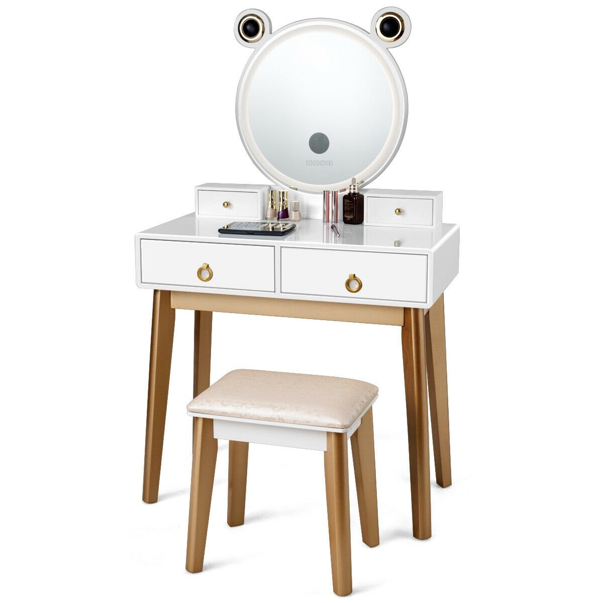 Vanity Set with 3-Color Lighted Touch Screen Dimming Mirror and 4 Drawers, White Makeup Vanities   at Gallery Canada