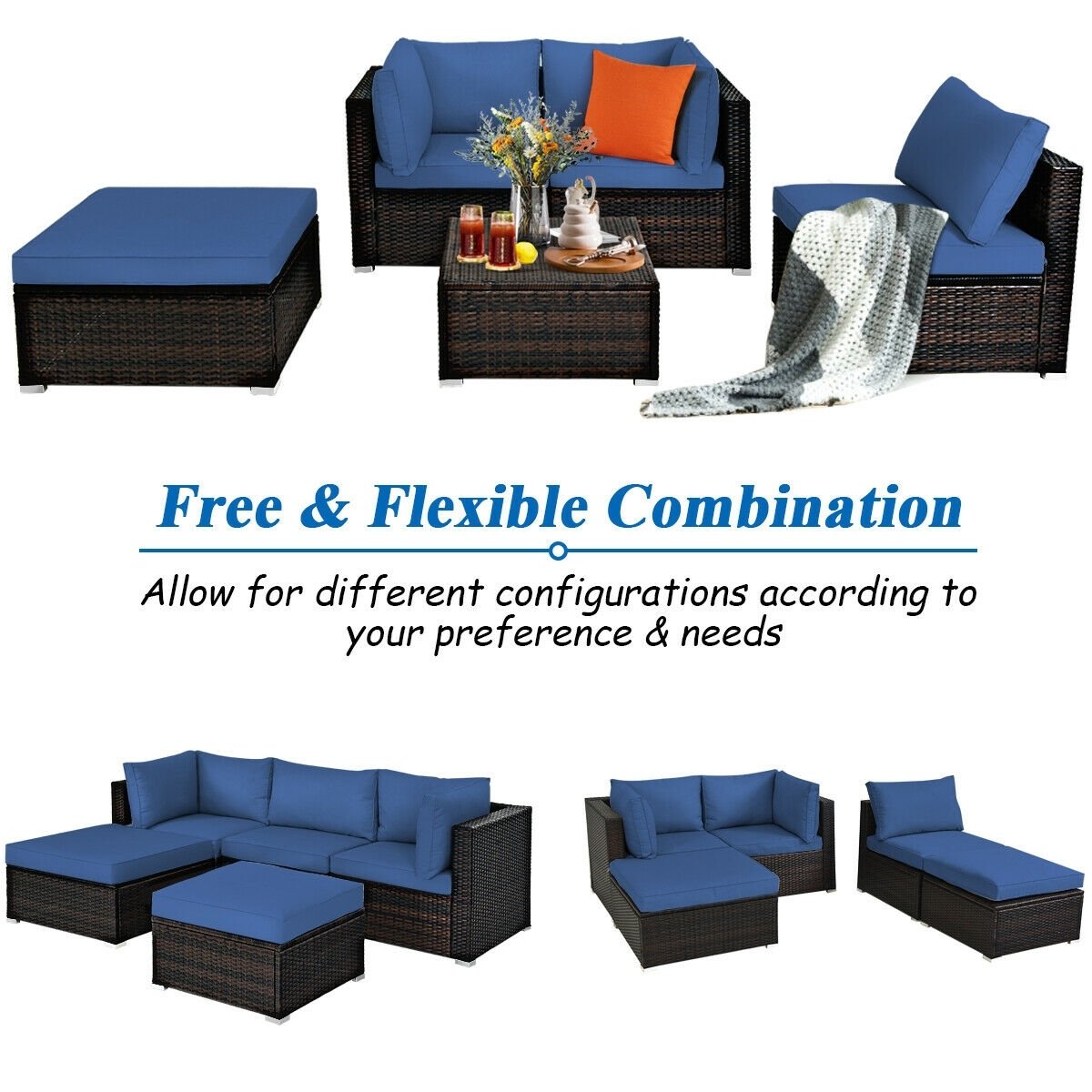 5 Pieces Patio Rattan Sofa Set with Cushion and Ottoman, Navy Outdoor Sectionals   at Gallery Canada