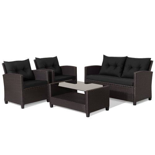 4 Pieces Patio Rattan Furniture Set with Tempered Glass Coffee Table, Black