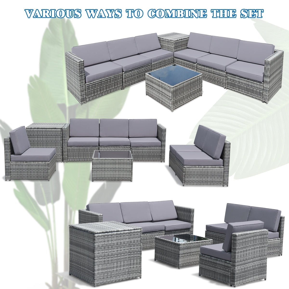 8 Pieces Wicker Sofa Rattan Dining Set Patio Furniture with Storage Table, Gray Outdoor Sectionals   at Gallery Canada