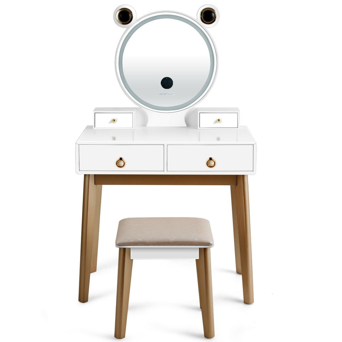 Vanity Set with 3-Color Lighted Touch Screen Dimming Mirror and 4 Drawers, White Makeup Vanities   at Gallery Canada